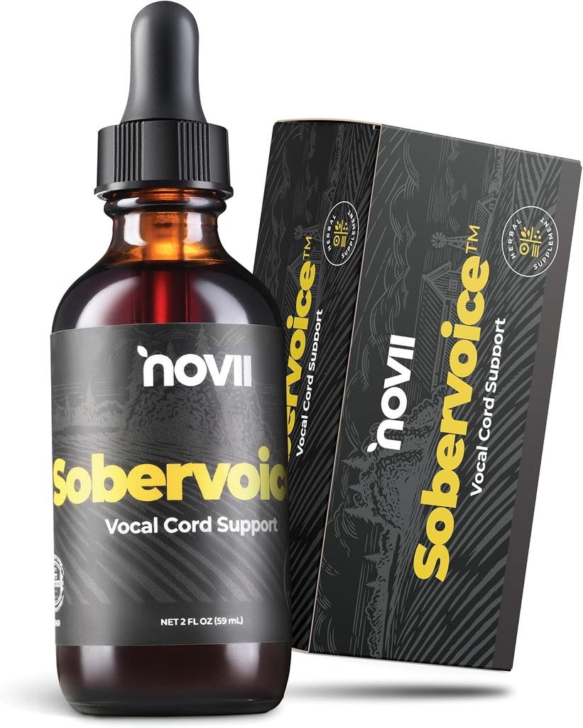 NOVII Sobervoice, Ultimate Vocal Health Drops - Soulagement à base de plantes de la souche vocale, de la sécheresse et de l'arrogance - Amélioration vocale des gouttes de booster, Relief vocal pour les chanteurs, les haut-parleurs, les interprètes, 2 fl. oz.