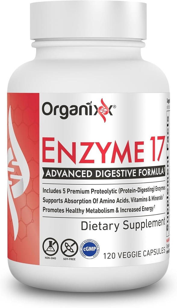 Organixx Enzyme 17 Enzymes digestives essentielles pour les femmes et les hommes, pour la santé Gut & la santé digestive optimale, support pour le bloom, le gaz, l'absorption des nutriments et l'immunité, végétalien, non OGM, 80 capsules de légumes