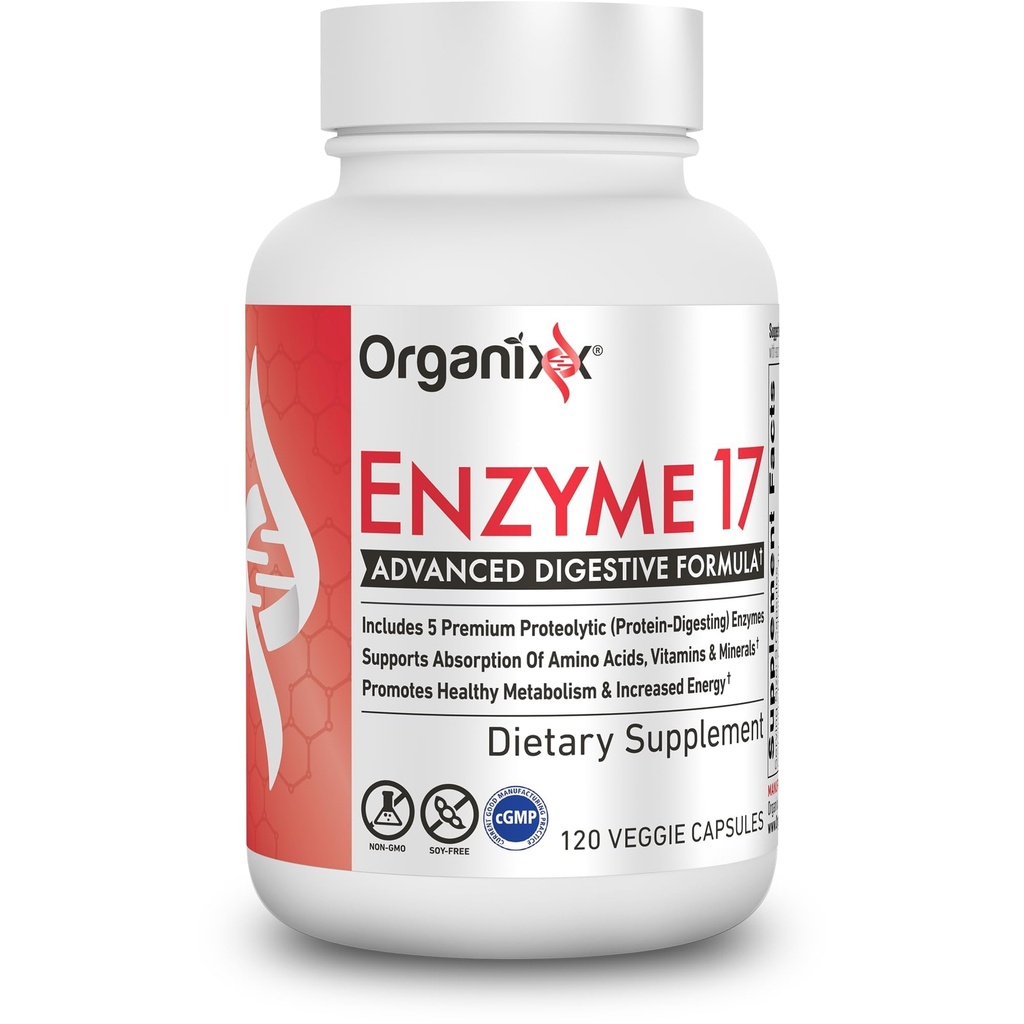 Organixx Enzyme 17 Enzymes digestives essentielles pour les femmes et les hommes, pour la santé Gut & la santé digestive optimale, support pour le bloom, le gaz, l'absorption des nutriments et l'immunité, végétalien, non OGM, 80 capsules de légumes