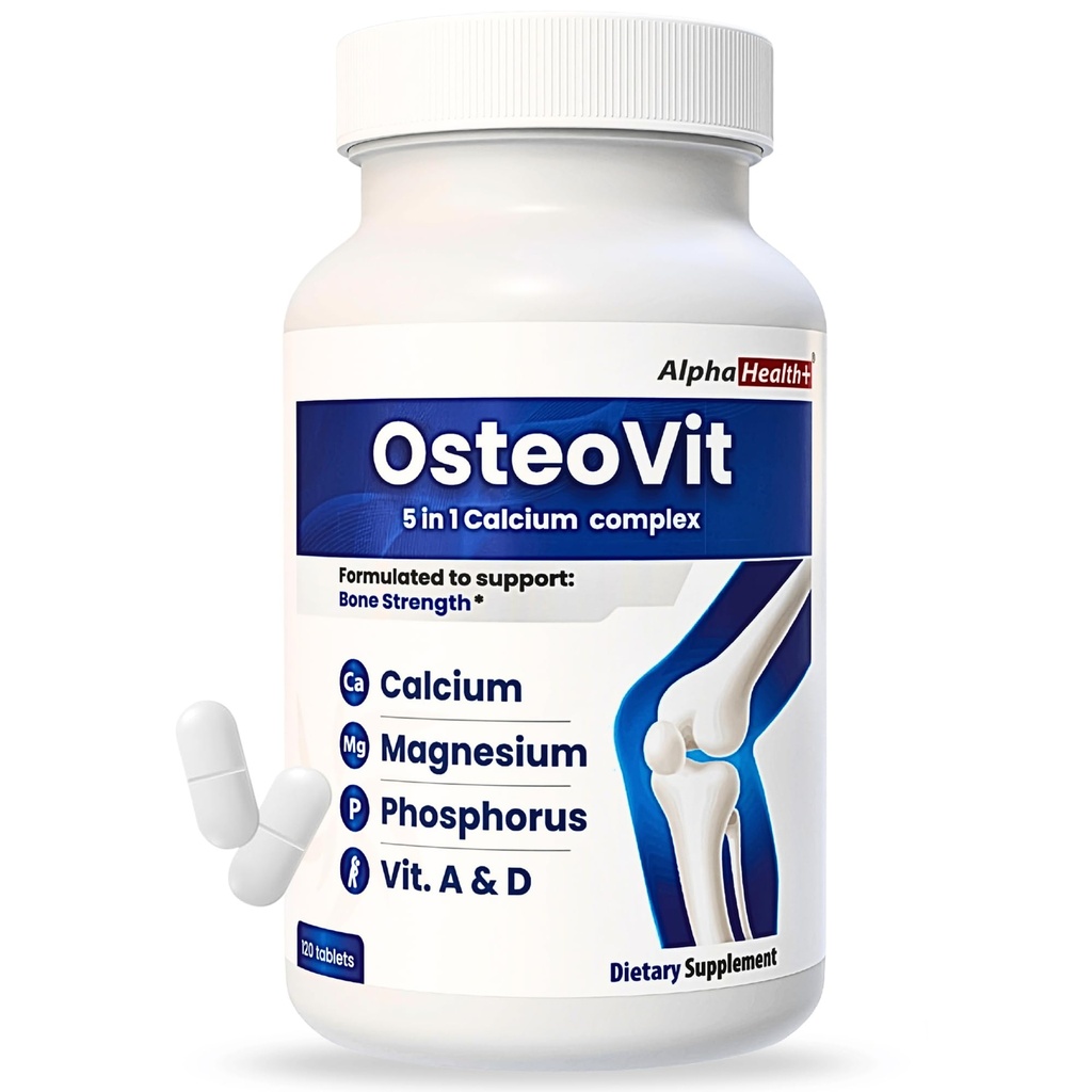 OstéoVit 5-en-1 Calcium 120 onglets Multivitamine: Calcium, Magnésium, Phosphore, Vitamine D3 & A - Force osseuse et flexibilité*, Non-OGM Sans gluten.