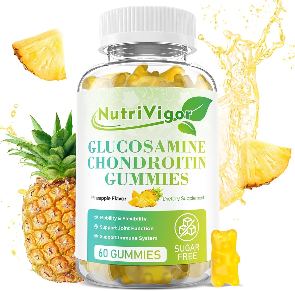 Glucosamine Chondroitin Gummies, supplément de soutien articulaire extra-fort avec MSM & Elderberry, soutien immunitaire antioxydant pour adultes, goût d'ananas, 60 comte