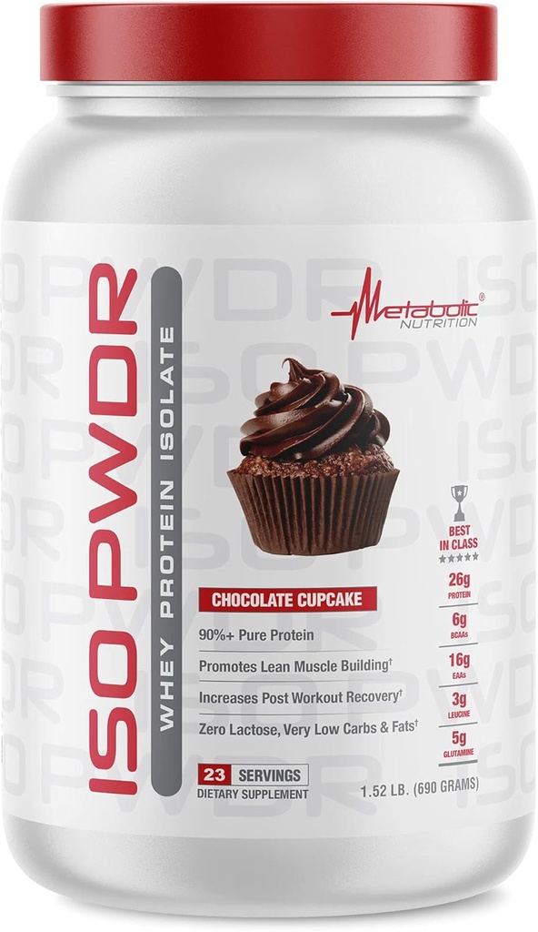 Nutrition métabolique Isolation des protéines de lactosérum ISO PWDR Chocolate Cupcake, 1,54lb, 23 portions, 26g Protéines, Digestation rapide, Zéro glucides, Saveur délicieuse, Très faible glucides et gras, Zéro lactose