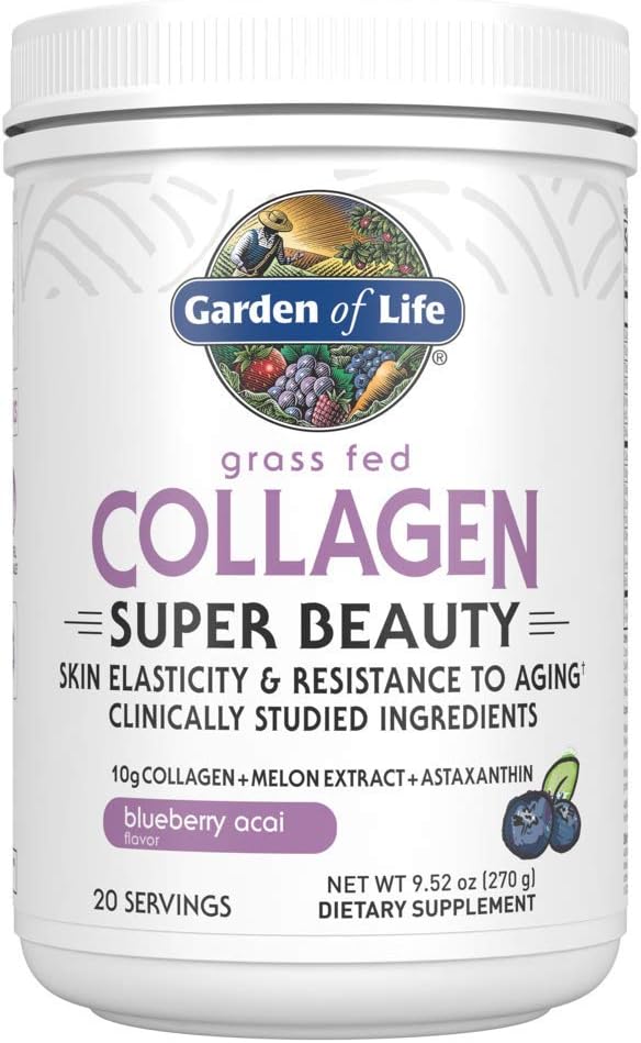 Garden of Life Grass Fed Collagen Super Beauty Powder - Blueberry Acai, 20 Servings, for Women Skin Hair Nails Joints, Collagen Peptides Powder + Protein Supplements