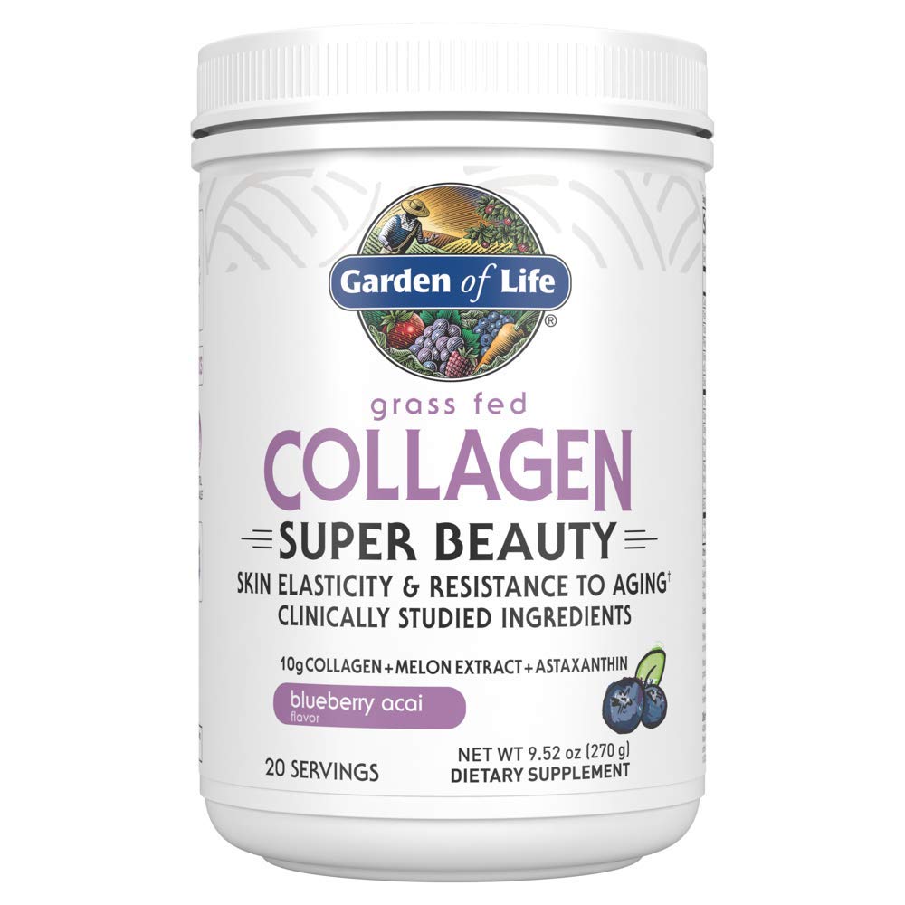 Garden of Life Poudre de collagène à l'herbe Super Beauty - Blueberry Acai, 20 portions, pour les femmes cheveux ongles articulations, collagène peptides poudre + suppléments protéiques