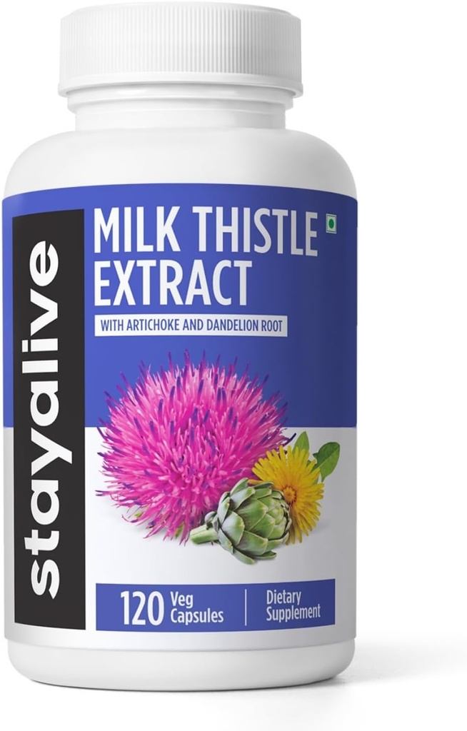 STAY ALIVE Lait Thistle Supplément avec extrait de racine de dandelion et d'artichaut, 80% complexe de silymarin, 120 pilules, 100% poudre d'extrait de feuille d'artichaut pur, capsules à base de plantes sans OGM et sans gluten