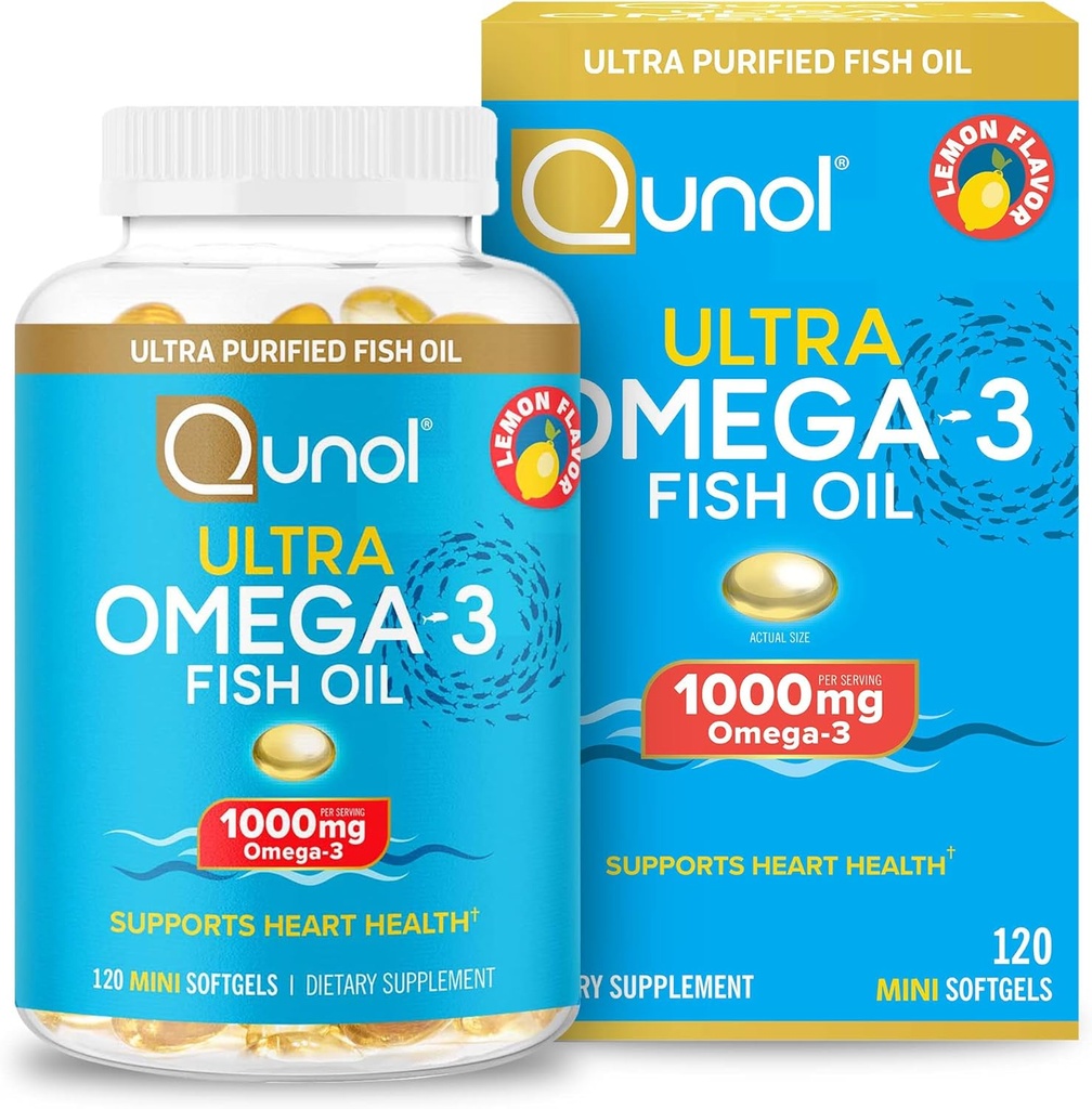 Qunol Omega 3 Huile de poisson Mini Softgels, 1000mg Huile de poisson ultra pure, Soutien de santé cardiaque, Suppléments Omega 3 DHA, Saveur de citron, 2 mois d'approvisionnement, 120 Compte