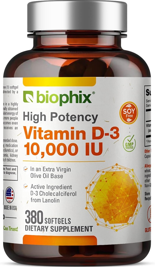 biophix Vitamine D-3 10000 UI 380 Softgels - Haute puissance dans l'huile d'olive vierge extra non-OGM sans soja soutient la santé des os solides