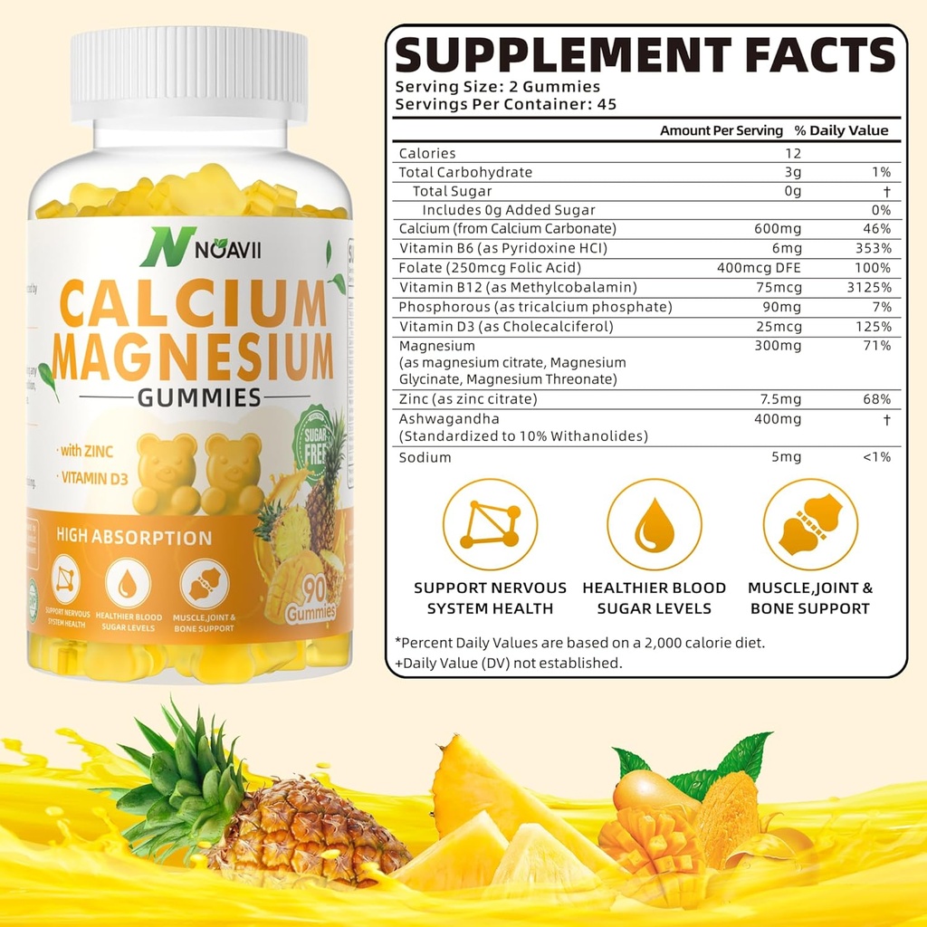Gommies de zinc de magnésium de calcium avec vitamine D3, supplément de ashwagandha - Absorption accrue de haute puissance - Flaveur d'ananas-90 Compte