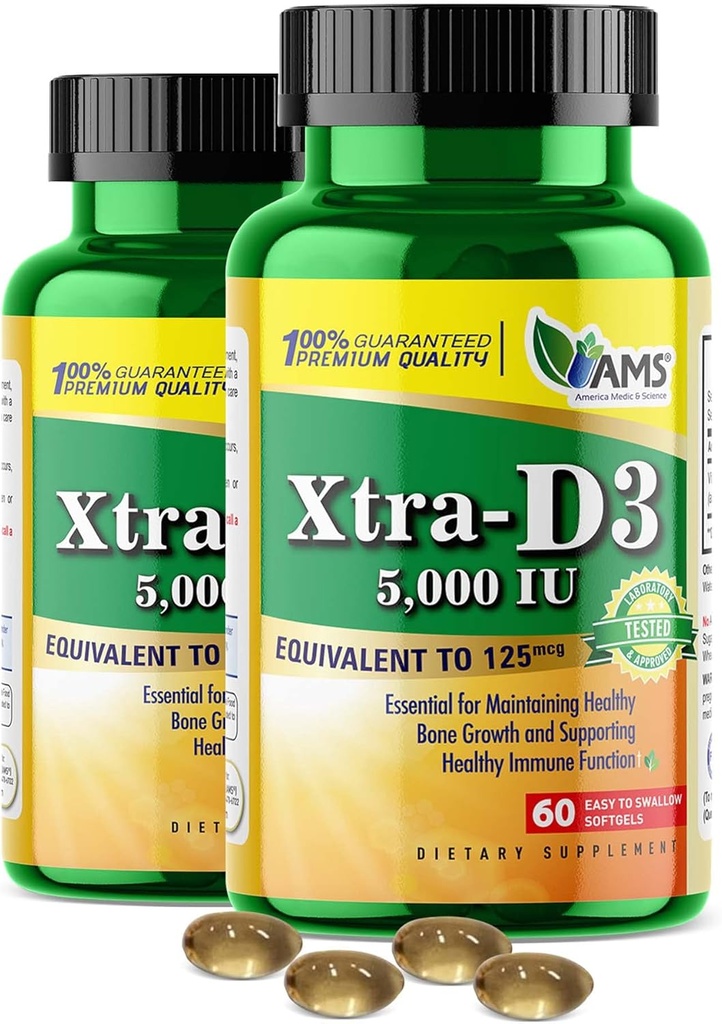 America Medic & Science Xtra D3 Vitamine D 5 000 UI (125 mcg)Cholecalciferol Supplément pour les hommes et les femmes(120Facile à avaler Softgels) 2pack="Meilleur pour les os, la santé du coeur, le système immunitaire, la fonction pulmonaire