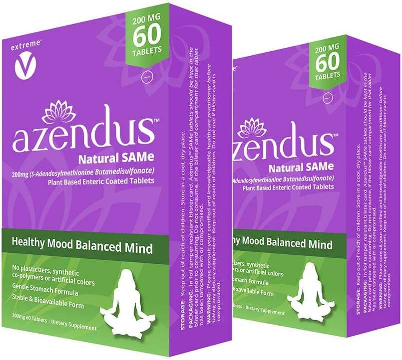 Azendus Mood 200mg of S-Adendosylmethionine Butanedisulfonate (Same) (2 Boxes - 120 Enteric Coated Tablets) Vegan, Gluten Free, Soy Free
