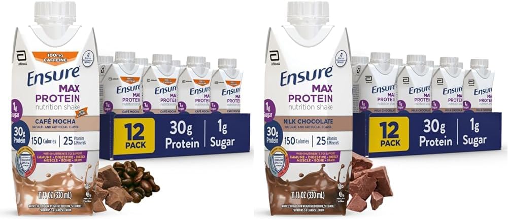 S'assurer que Max Protein Shake Nutritional avec 30g de protéines, 25 vitamines et minéraux, 7 arômes dont Café Mocha et chocolat au lait, boîte de 12, sans gluten