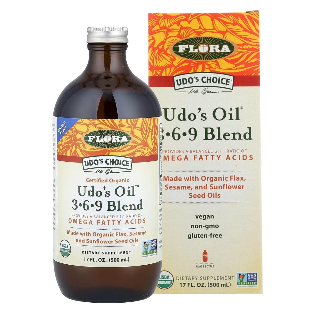 Flora Udo's Oil 3-6-9 Blend - Vegan Omega-3 & Omega-6 Oil - Contient de l'huile de coco biologique, de l'huile de graines de lin et plus - Gardez refroidi - 17 fl. oz.
