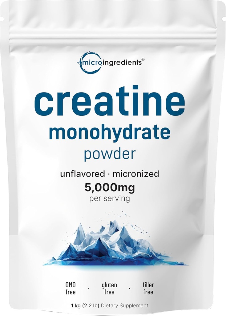 Poudre instantanée monohydratée de créatine 1 kg (2.2 Lbs), 5000mg par portion, poudre micronisée de créatine, non aromatisée, pure, sans remplissage, kéto et végétalien, facile à dissoudre avant l'entraînement pour les femmes et les hommes