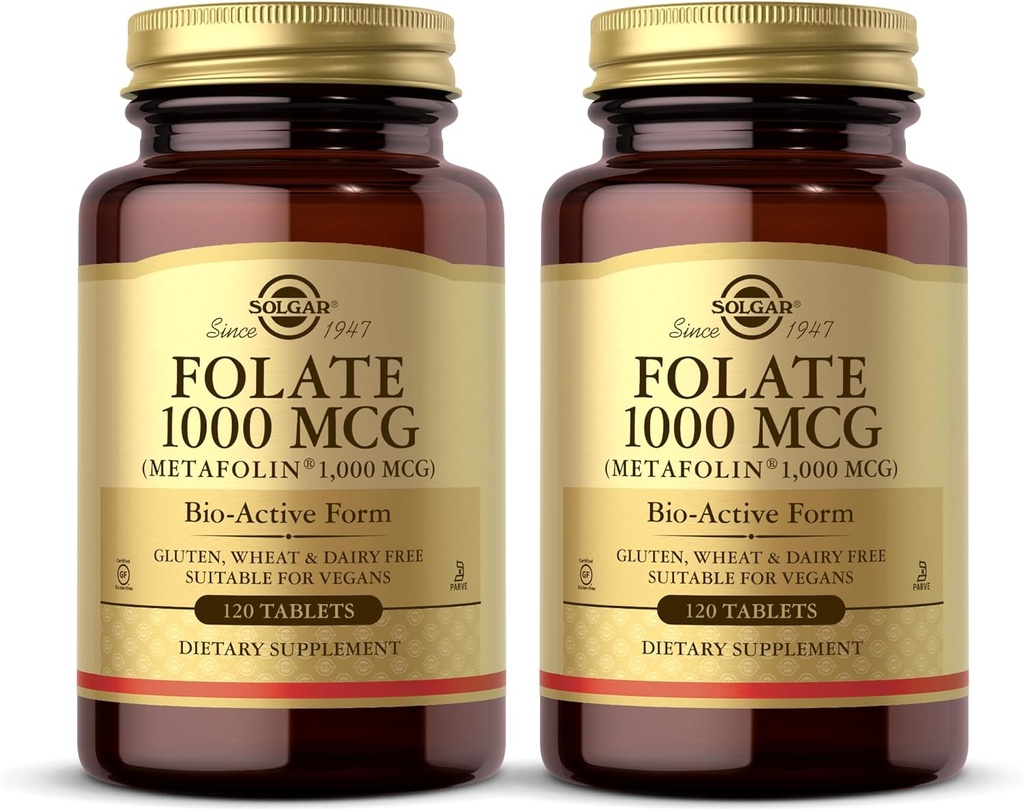 Solgar Folate 1000 mcg - 120 comprimés, 2 paquets - 1000 mcg Bio-Active Métafoline - Vegan, sans gluten, sans laiterie, casher - 240 Total des portions