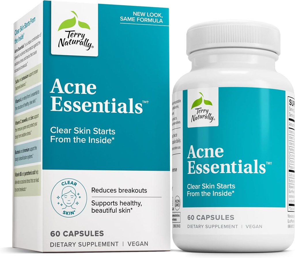 Terry Naturally Acne Essentials - Support de la peau pour la peau claire - Supplément aux vitamines A, C et Zinc - Supplément de soin pour l'acné occasionnelle - 60 capsules (60 portions)