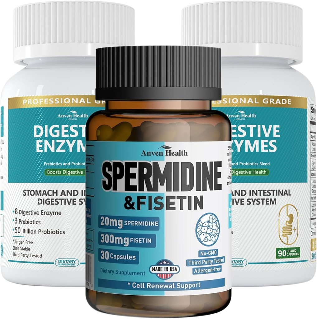 Spermidine & Fisetin Longevity Bundle: 20mg Spermidine + 300mg Fisetin + enzymes digestives pour la santé des Gut – Défense du vieillissement, renouvellement cellulaire, et soulagement digestif pour les hommes et les femmes