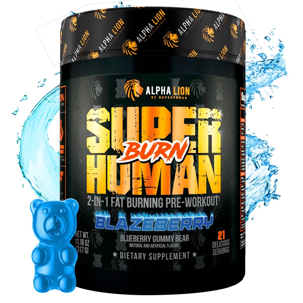 ALPHA LION Superhumain Burn – 2 en 1 Métabolisme Booster avant l'entraînement et Thermogénique Fat Burner pour les hommes – Suppresseur d'appétit et supplément de perte de poids (21 portions, Blue Gummy Bear Flavor)
