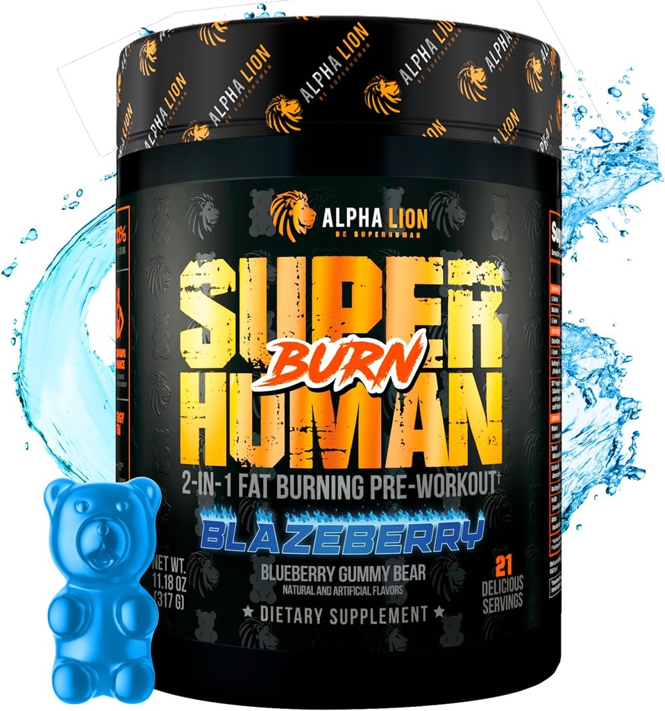 ALPHA LION Superhumain Burn – 2 en 1 Métabolisme Booster avant l'entraînement et Thermogénique Fat Burner pour les hommes – Suppresseur d'appétit et supplément de perte de poids (21 portions, Blue Gummy Bear Flavor)