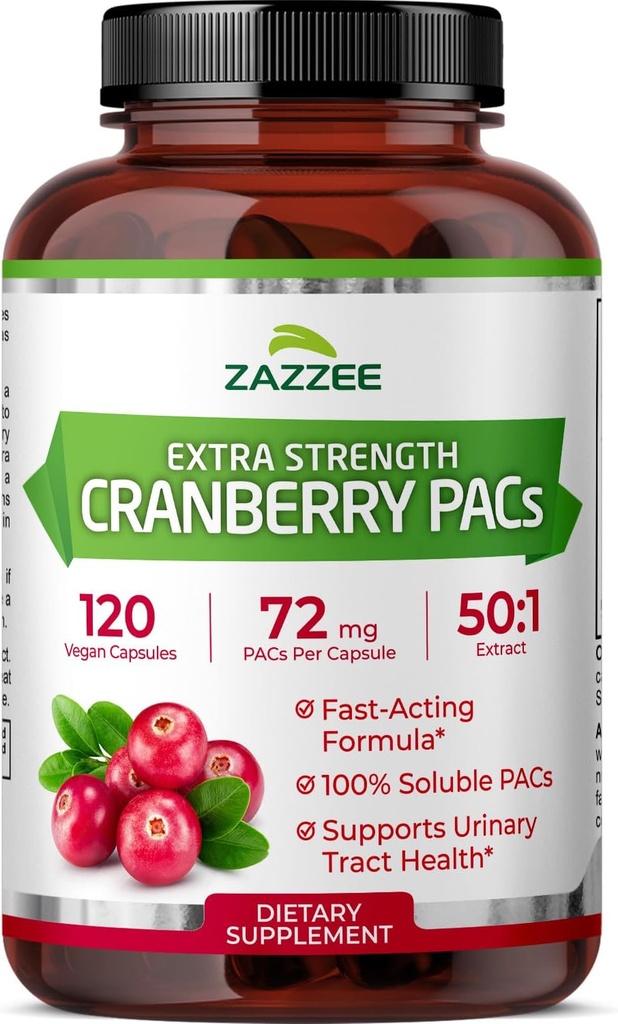 Zazzee Cranberry PACs, 72 mg PACs par Capsule, 2X Strength, 100% Soluble, 120 Capsules Vegan, 50:1 Extrait, 18 200 mg Strength, Fast-Activing, Effective Urinary Tract Support, Fabriqué aux États-Unis