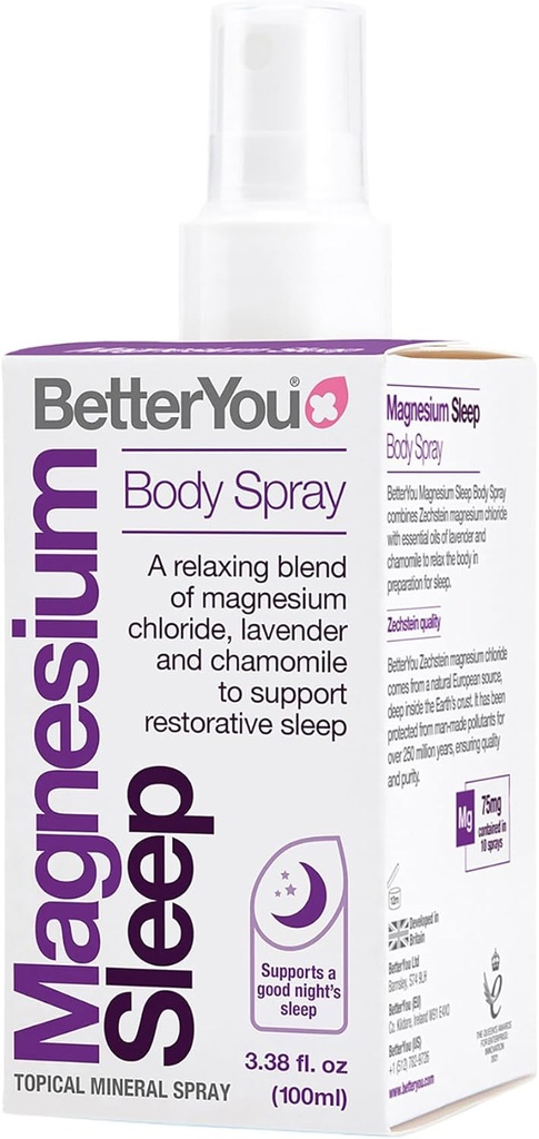BetterYou Magnesium Sleep Body Spray - Relaxing Topic Magnesium and Essential Oil Spray - Lavande et Camomille - favorise un meilleur sommeil - 3,38 oz