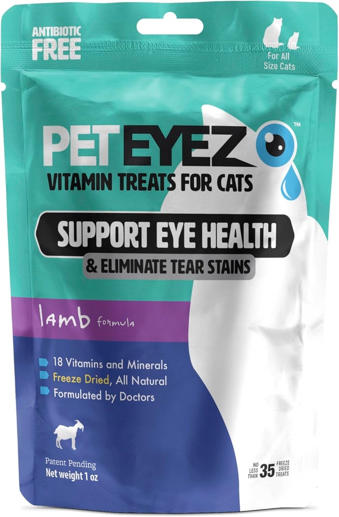 PetEyez Vitamine Treats for Cats - Tear Stain Remover - Eye Health Support - Réduit les démangeaisons et les allergies - Arôme d'agneau - 1oz