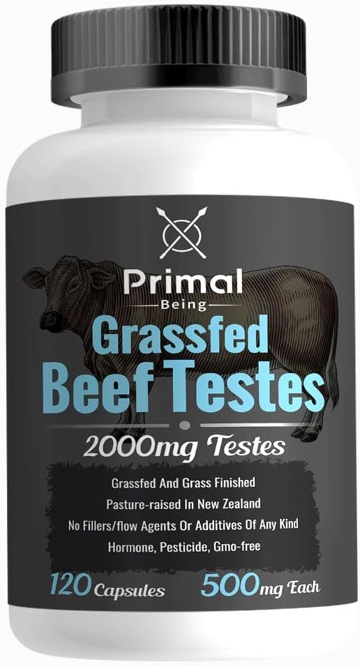 Primal Being Grassfed Beef Testes Capsules – Supplément d'organe de boeuf nutrient-dene pour hommes, Nouvelle-Zélande Source, 120 Capsules