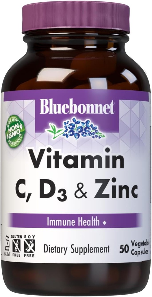 BlueBonnet Nutrition Vitamine C, D3 & Zinc, Immune Health*, non-OGM, certifié Casher, sans gluten, sans soja, sans lait, 50 capsules végétales, 50 portions