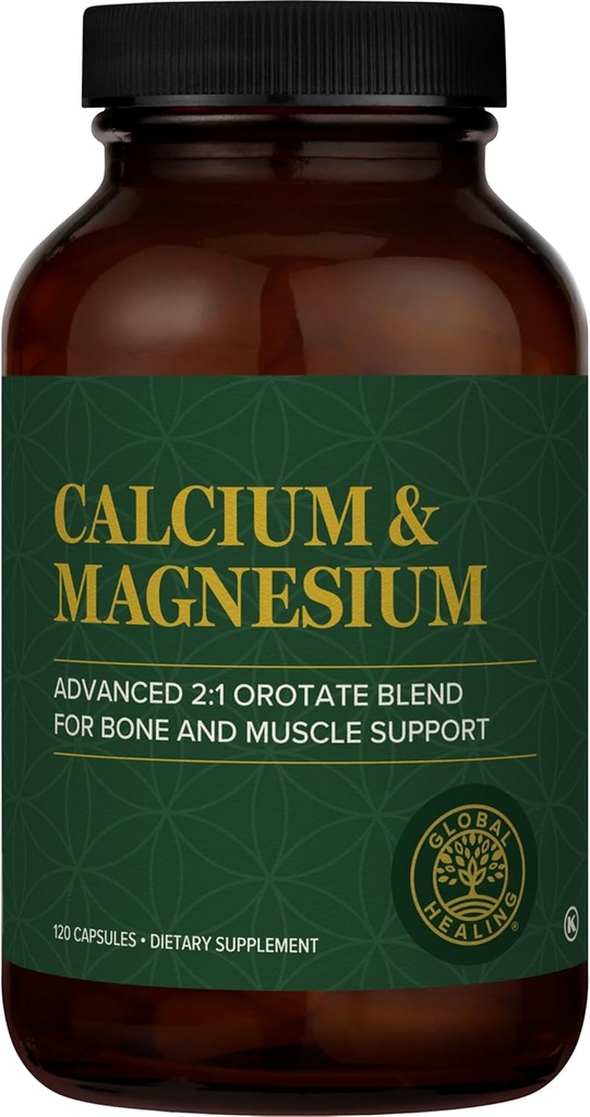 Global Healing Calcium and Magnésium Orotate - Supplément de force osseuse pour les femmes et les hommes - aide à soutenir la santé des dents et des cardiovasculaires fortes pour la fonction musculaire normale - 120 capsules