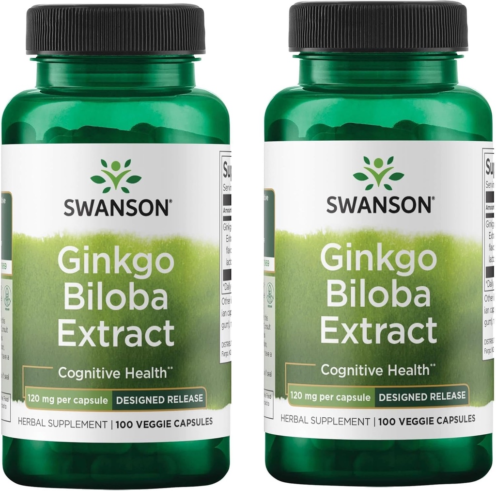 Swanson Ginkgo Biloba Extrait Mémoire à libération différée normalisée Fonction cognitive du cerveau Supplément santé 120 mg (24% glycosides de flavone, 6% de lactones de terpène) 100 Drcaps de Veggie (2 Pack)
