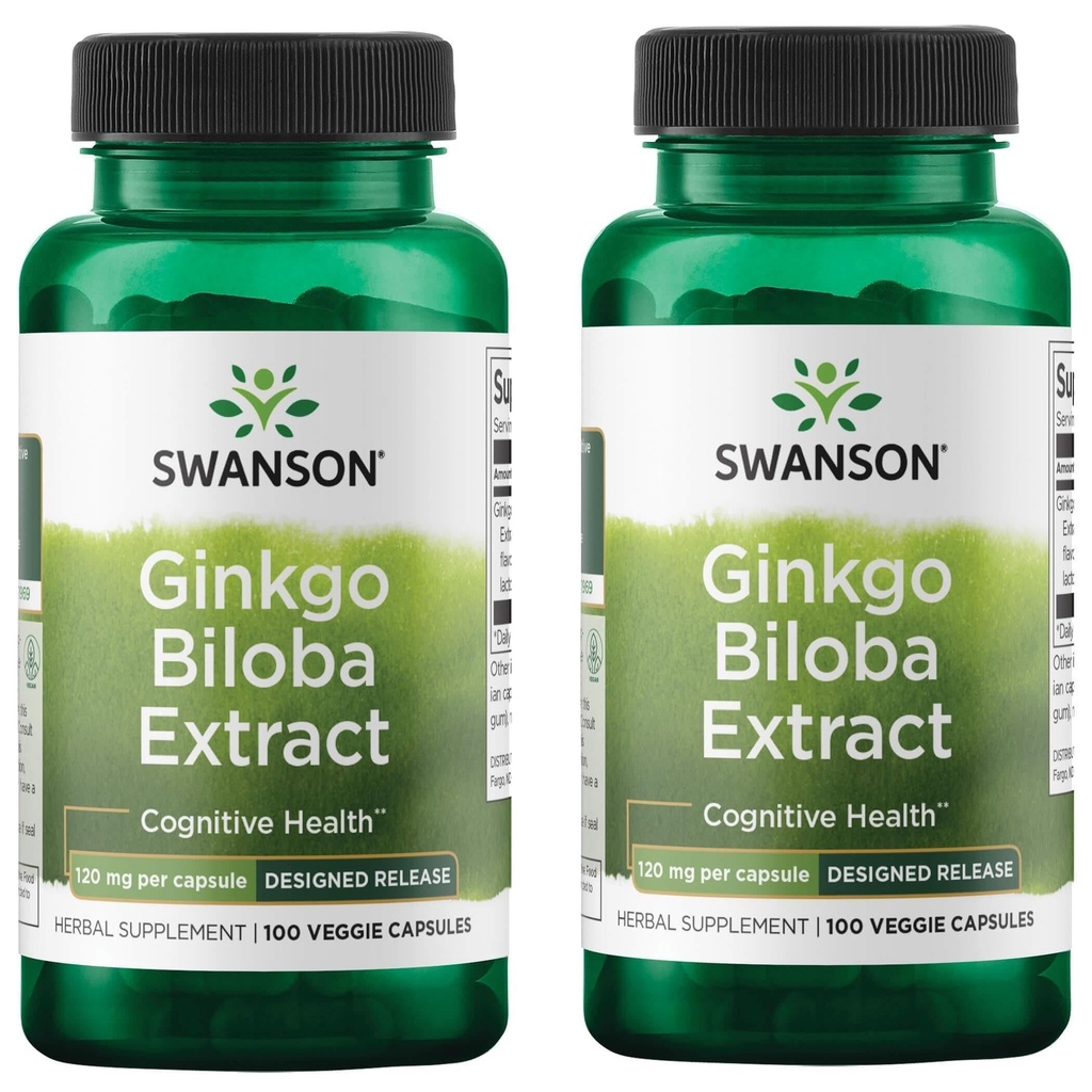 Swanson Ginkgo Biloba Extrait Mémoire à libération différée normalisée Fonction cognitive du cerveau Supplément santé 120 mg (24% glycosides de flavone, 6% de lactones de terpène) 100 Drcaps de Veggie (2 Pack)