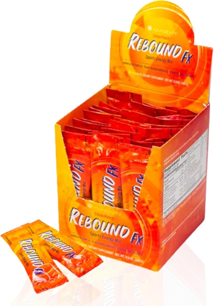Youngevity Rebound FXTM Citrus Punch On-The-Go Stick Packs – 30 Count Box – Boissons d'énergie sportive avec vitamines, acides aminés et électrolytes – Caféine naturelle – soutient l'hydratation et la récupération