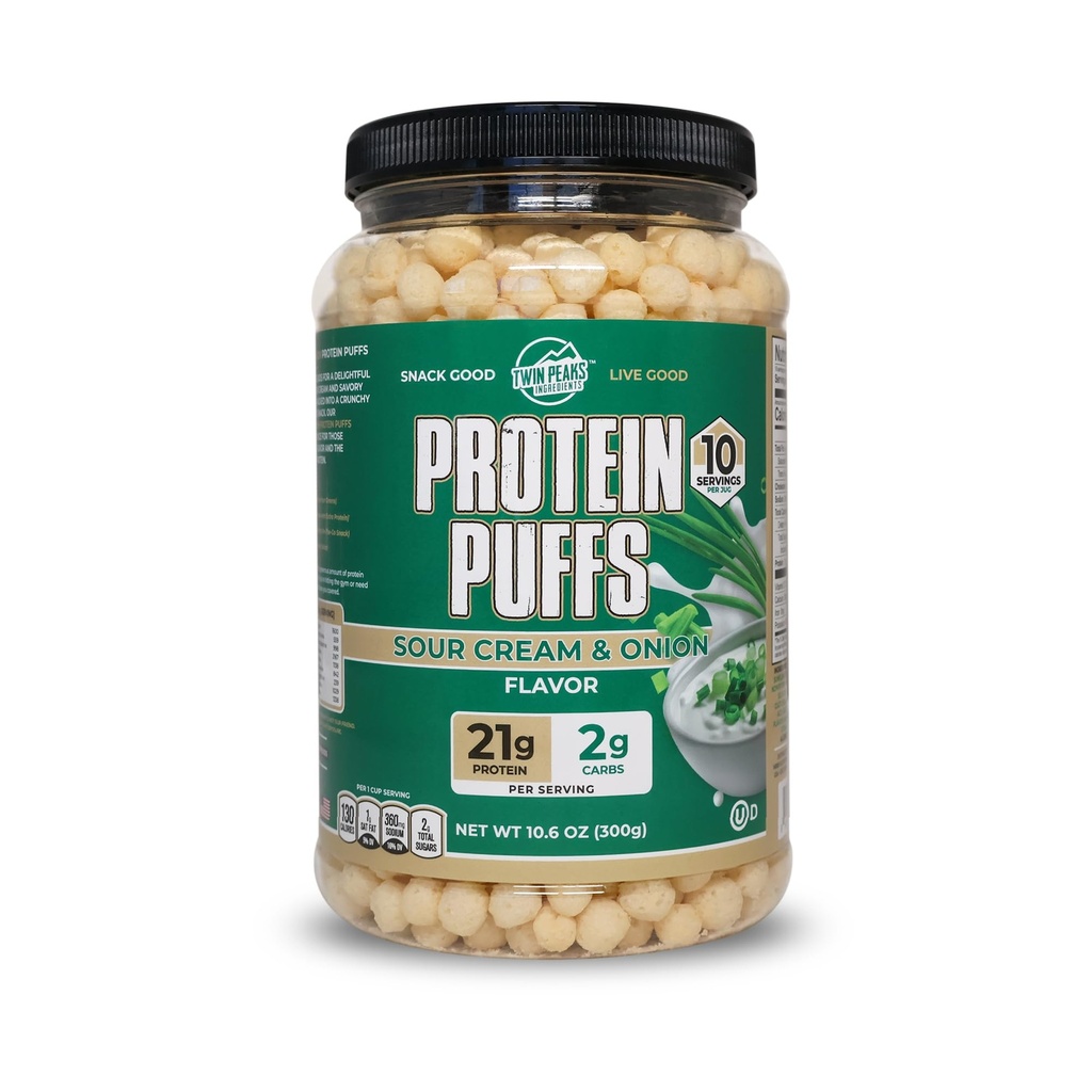 Puffes protéinées Twin Peaks - (Crème et oignon de la sœur), Kéto Friendly, Snack faible en glucides (300g, 21g de protéines, 2g de glucides nets, haute en protéines, Snack croustillant sain)
