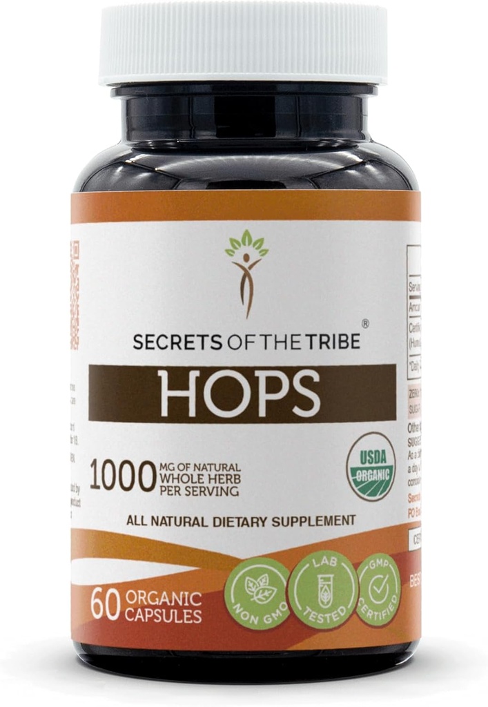 Secrets of the Tribe Hops USDA Organic Capsules | Certified Organic Vegetarian Capsules, Herbal Dietary Supplement | Humulus lupulus Dried Flower (60 Count)