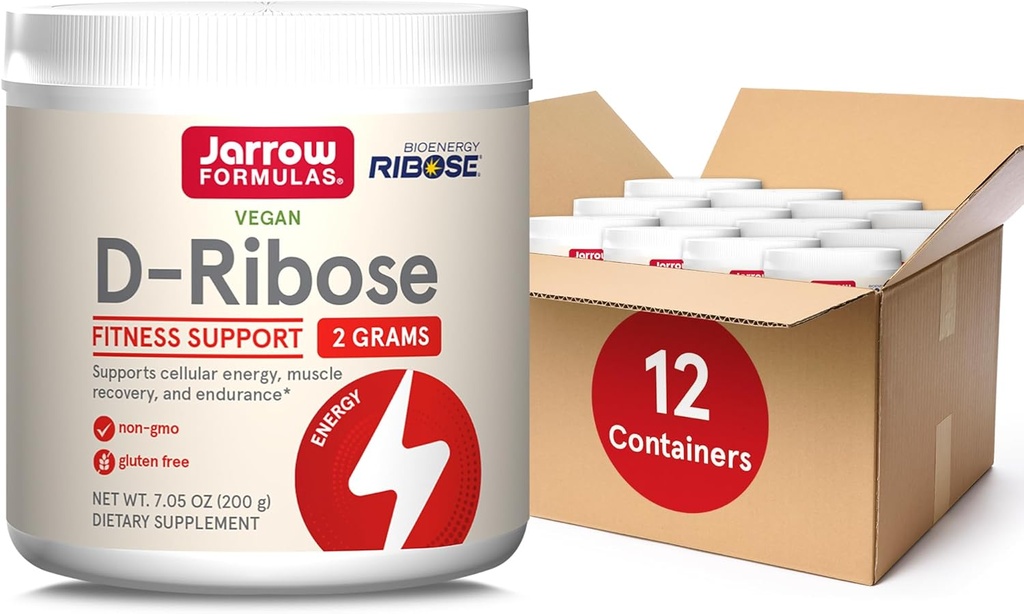 Formules de Jarrow D-Ribose Poudre - 200g - Supplément alimentaire soutient la récupération musculaire, l'énergie et l'endurance - 100% Pure - Vegan - Non-OGM - Environ 90 portions, paquet de 12