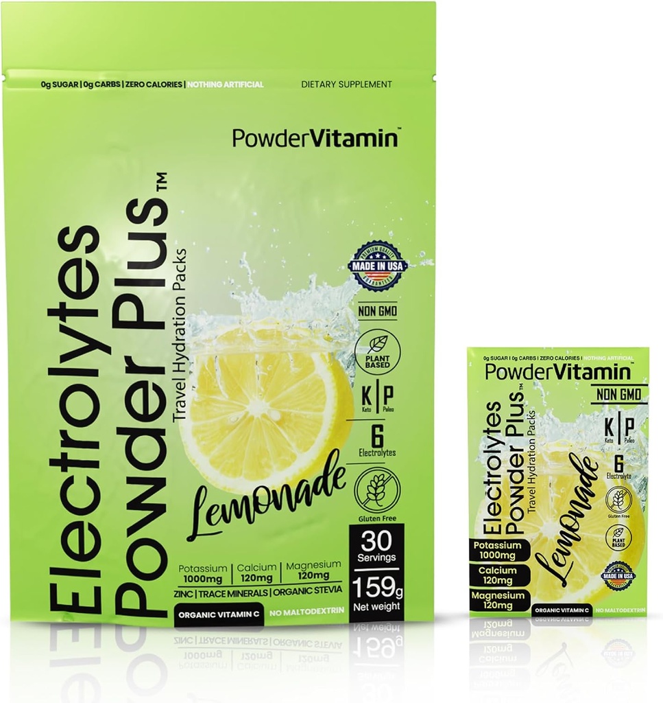 PoudreVitamine Electrolytes Poudre Plus, Keto, Cimonade, Zéro Sucre, 1000mg Potassium, 120mg Calcium, 120mg Magnésium, Non-OGM, Zéro Calories, 30 Packets d'hydratation