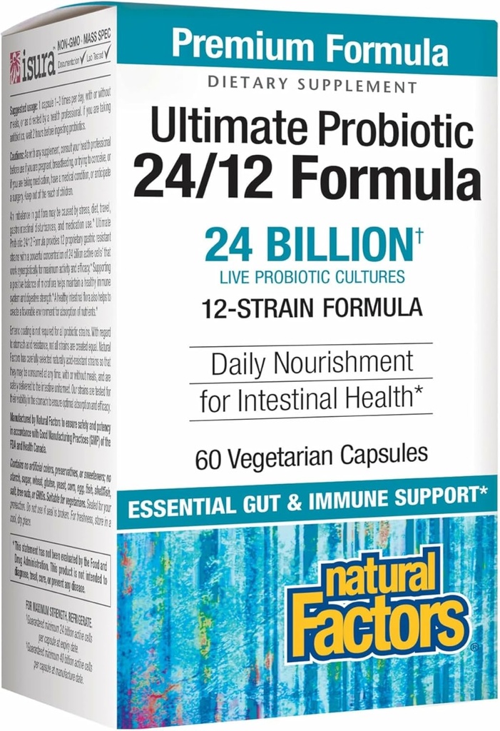 Natural Factors Ultimate Probiotic 24/12 Formula - Digestive Health Support Supplement with Probiotics - Immunity & Gut Health Support Supplement - 60 Vegetarian Capsules (60 Servings)