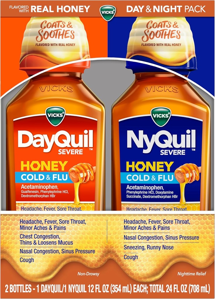 VICKS DayQuil & NyQuil Severe Honey Flavor Co-Pack, Cold & Flu Medicine, Soulage les maux de tête, fièvre, gorge douloureuse, douleurs et douleurs mineures, congestion nasale, pression sinusale, nez étouffant et toux, 2x12oz
