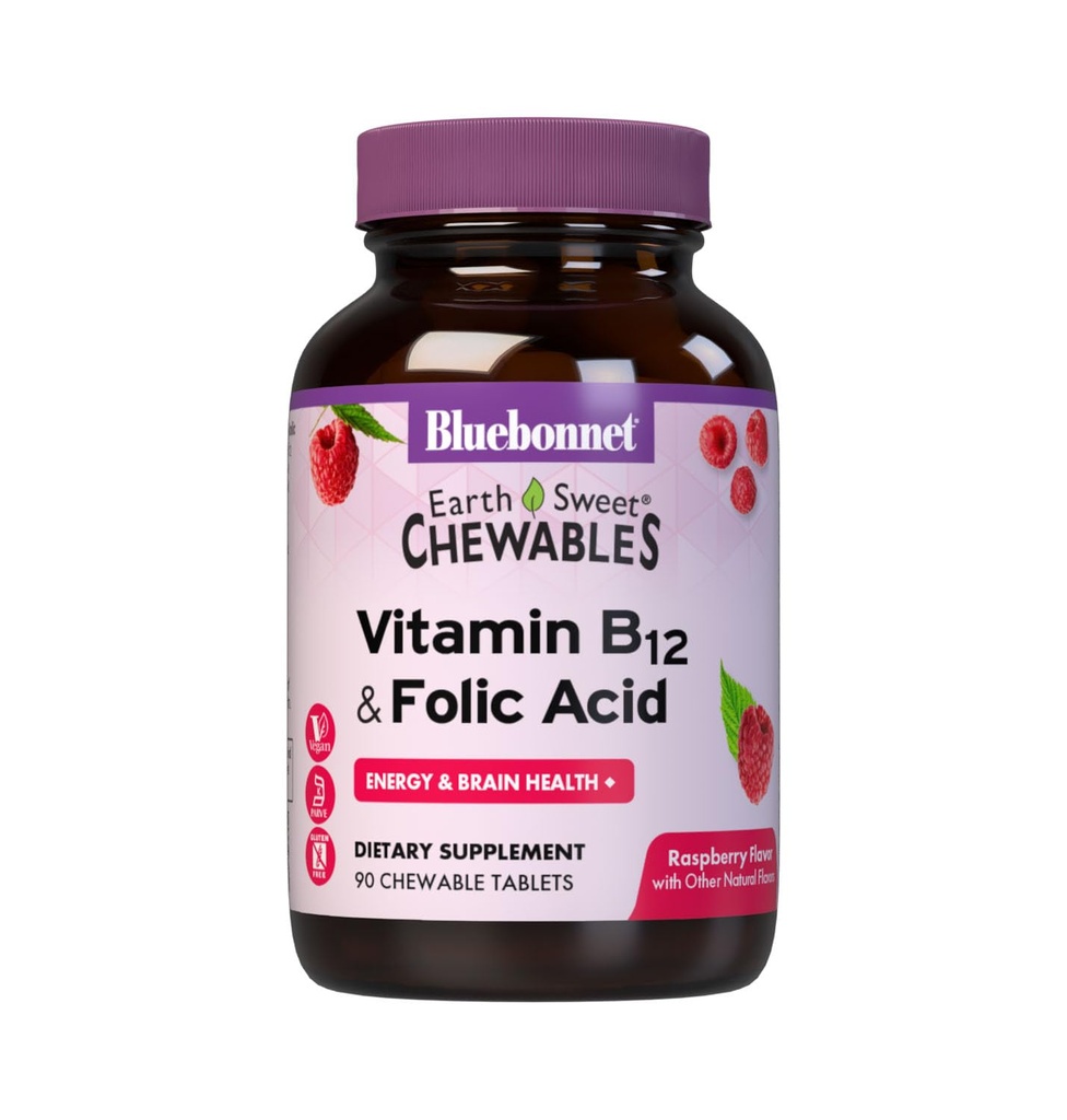 BlueBonnet Nutrition Terre Vitamine sucrée B12 et acide folique Comprimés à croquer, sans soja, sans gluten, framboise 90 Compte (paquet de 1)