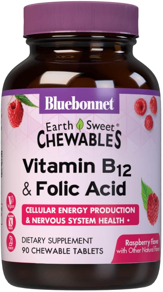 BlueBonnet Nutrition Terre Vitamine sucrée B12 et acide folique Comprimés à croquer, sans soja, sans gluten, framboise 90 Compte (paquet de 1)