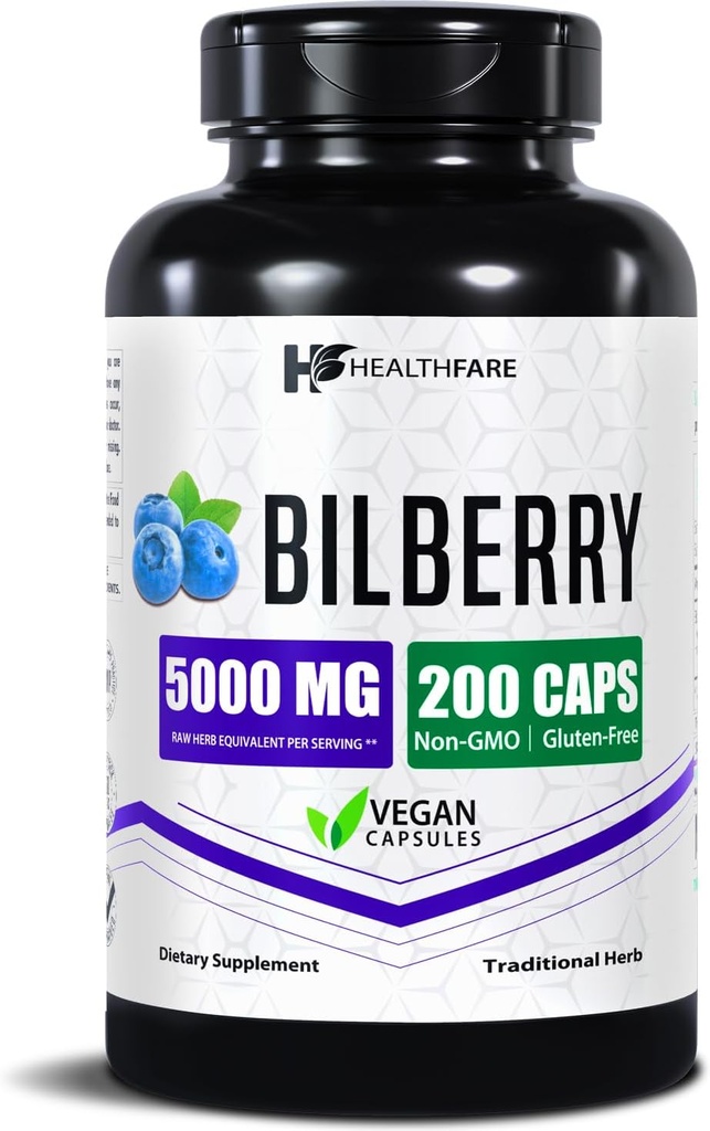 Healthfare Bilberry Supplément pour les yeux (en anglais seulement) 5000mg Extract (en anglais seulement) Vision & Eye Health Support (en anglais seulement) Support antioxydant (en anglais seulement) 200 Capsules Vegan Extra Strength (en anglais seulement)