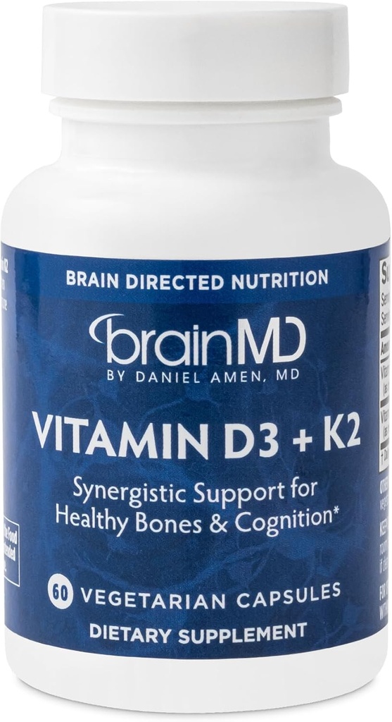 BRAINMD Vitamine D3 + K2-60 Capsules - Soutien synergique pour les os sains et la cognition - Sans gluten - 60 portions