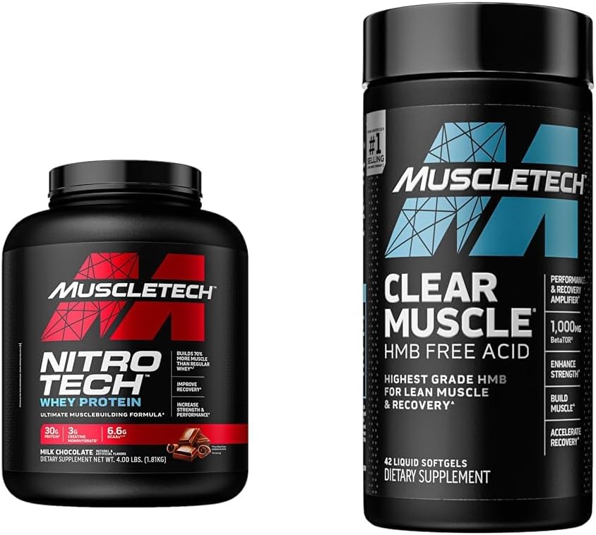 Muscletech Whey Protein Powder Nitro-Tech Whey Protein Isolate & Peptides & Clear Muscle Post Workout Recovery | Muscle Builder for Men & Women