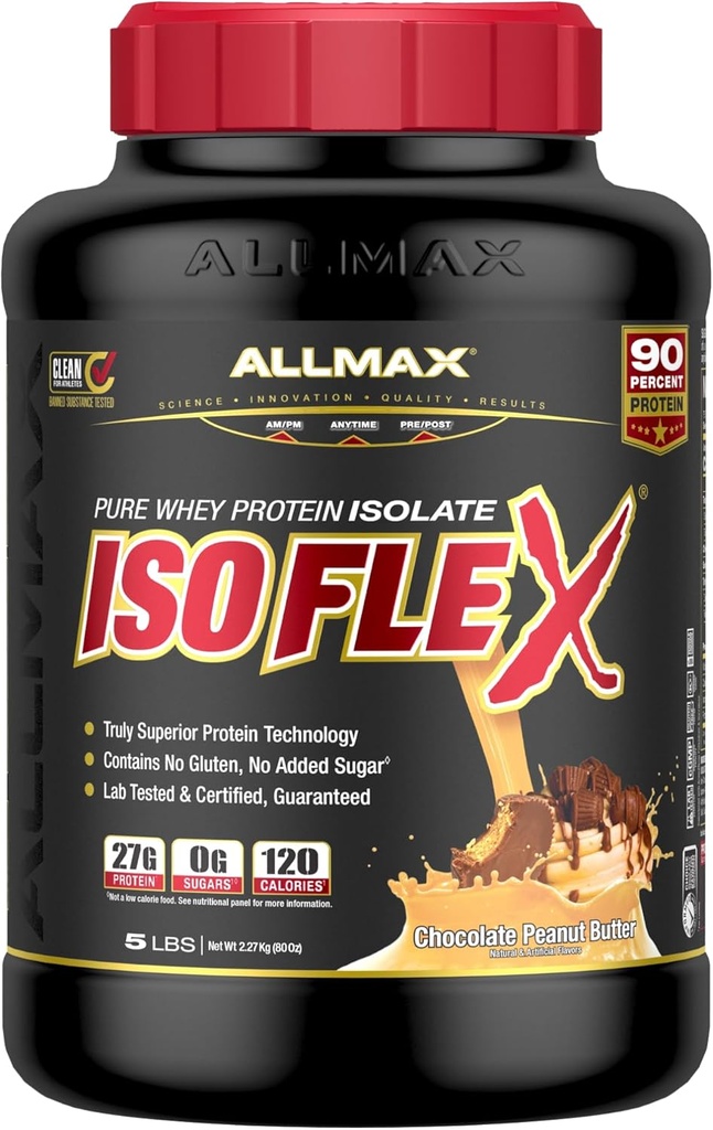 AllMAX Nutrition - ISOFLEX Poudre de protéines de lactosérum, Isolation de protéines de lactosérum, 27g de protéines, beurre d'arachide au chocolat, 5 livres
