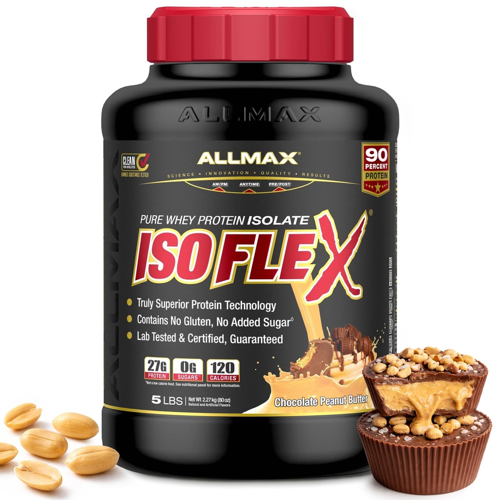 AllMAX Nutrition - ISOFLEX Poudre de protéines de lactosérum, Isolation de protéines de lactosérum, 27g de protéines, beurre d'arachide au chocolat, 5 livres