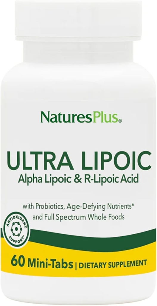 Natures Plus Ultra Lipoic - 60 Mini-Tabs Bi-Layered - Supporte les défenses radicales gratuites avec probiotiques, nutriments et concentrés alimentaires entiers - Sans gluten - 30 portions