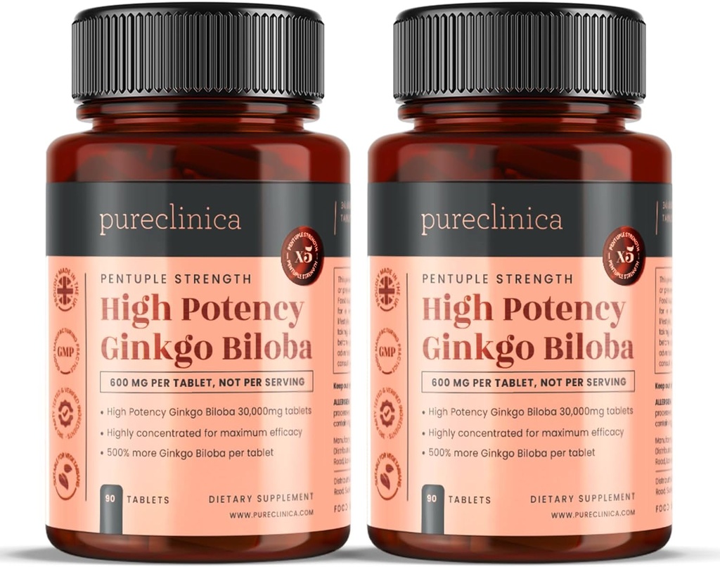 purclinica Haute puissance Ginkgo Biloba 30 000 mg x 180 Comprimés (2 bouteilles de 90) - 6 mois d'approvisionnement - 5 fois La force des produits concurrents