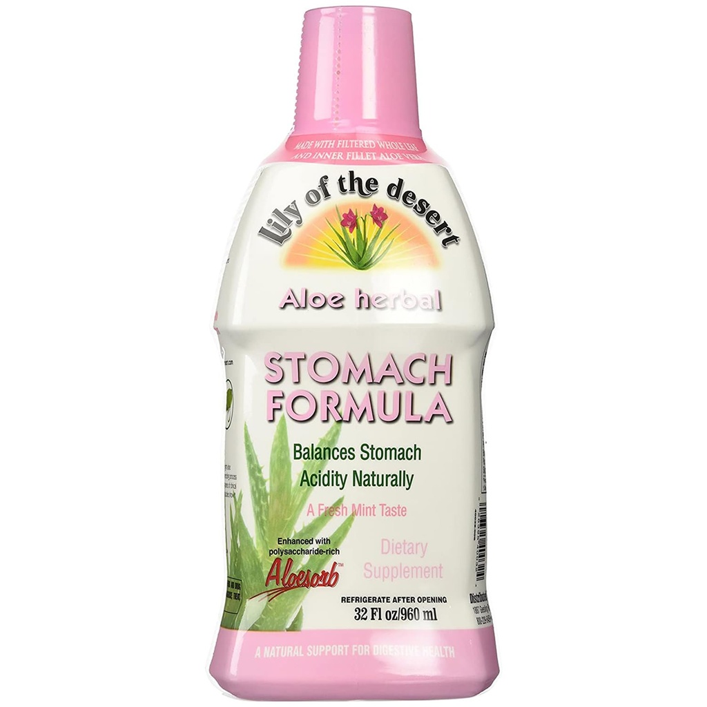 Lys Of The Desert Stomach Formula, Jus d'aloe vera biologique avec Elm Slippery, Camomile, Peppermint, et Ginger pour la santé de Gut, Reflux acide, Heartburn Relief, 32 Oz