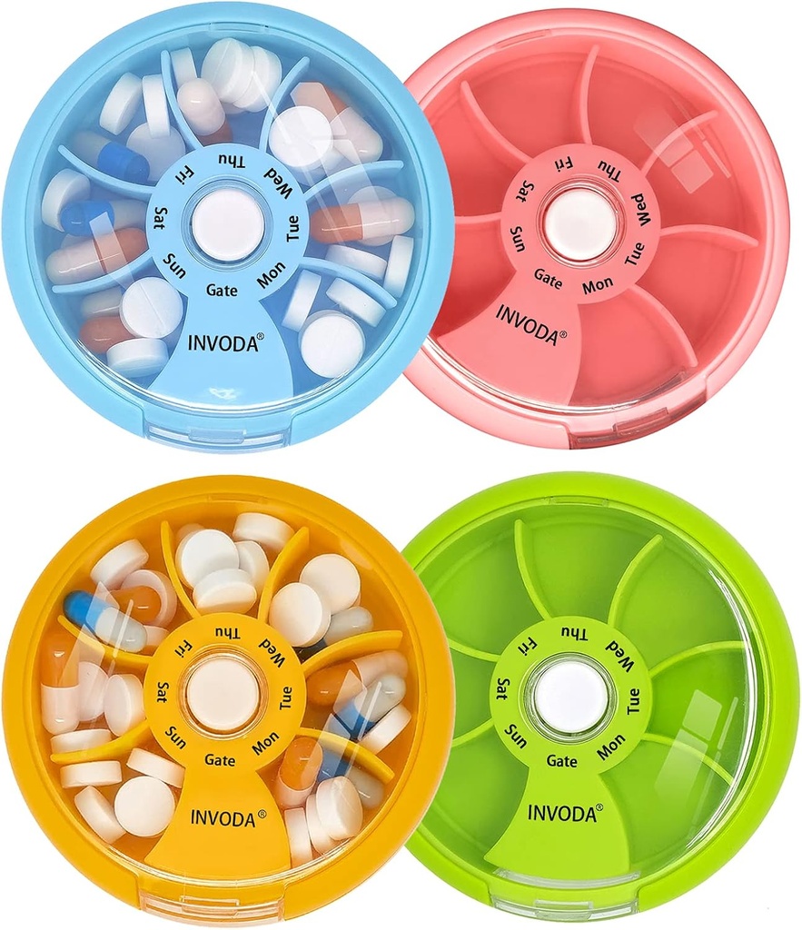 INVODA Weekly Pill Organizer 7 Compartiment Pill Box rotative pour les médicaments quotidiens et les vitamines - Portable Travel Pill Case Suppléments huile de poisson Vitamines Organizer (4PCS)