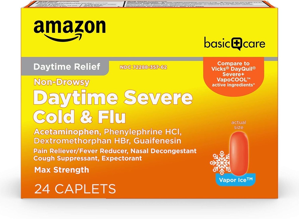 Soins de base Soins de jour Caplets de soulagement du rhume et de la grippe sévères, médicaments contre les symptômes du rhume et de la grippe sévères, comme les maux de tête, la fièvre, la toux, la congestion thoracique et nasale, la glace à vapeur, 24 comtes