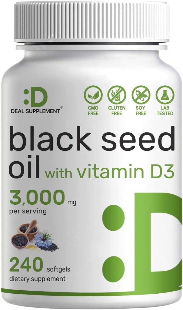 SUPPLÉMENT DE DÉLAI Huile de graines noires, 240 Softgels – Nigella Sativa pressée à froid, Thymoquinone naturellement présente (TQ) – Non-OGM, Pas de gluten – Capsules liquides de graines de cumin noir avec vitamine D3